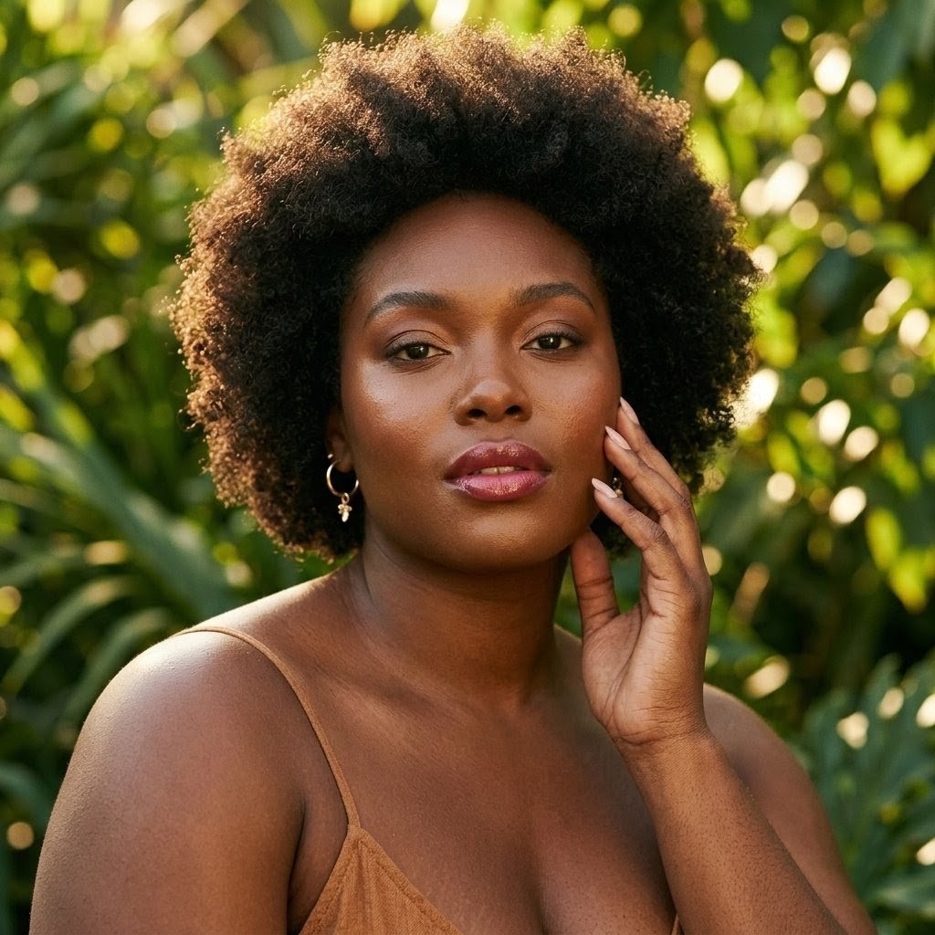 black woman with curly afro, radiant skin