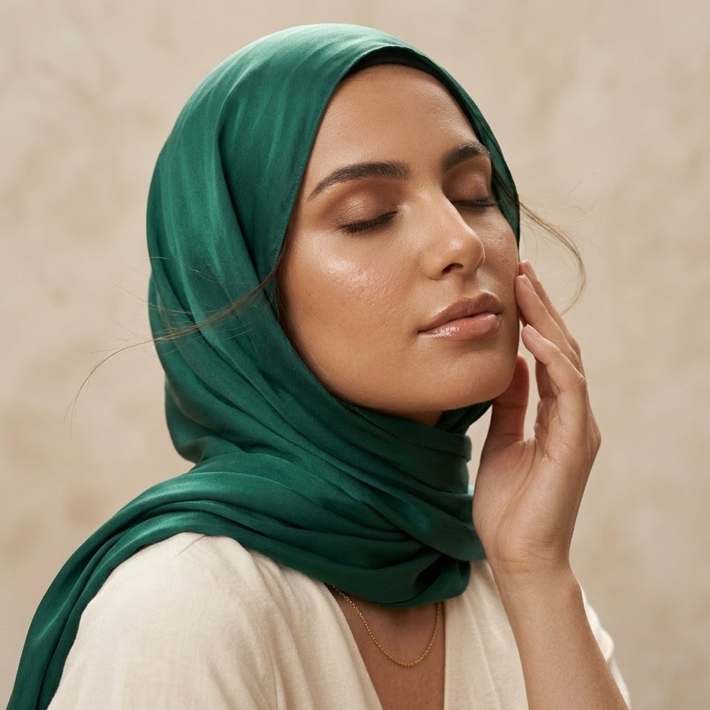 woman in emerald silk hijab, glowing complexion