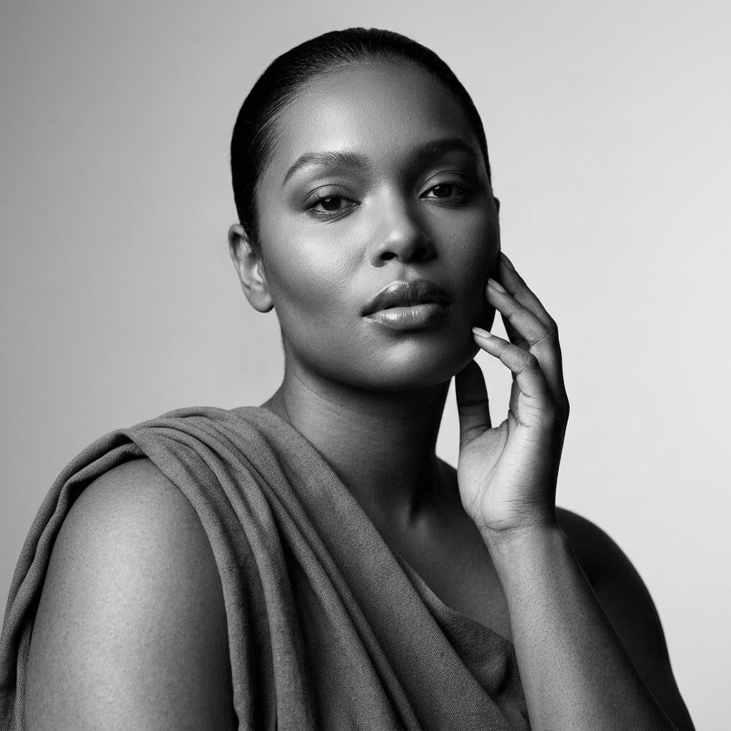 black and white portrait, woman with sleek hair, editorial style