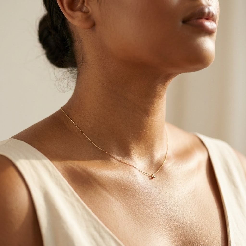 close-up of neck and collarbone, delicate gold necklace, glowing skin