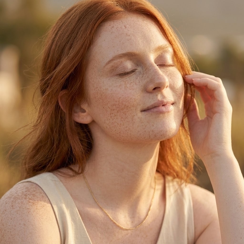redhead woman with freckles, golden hour glow